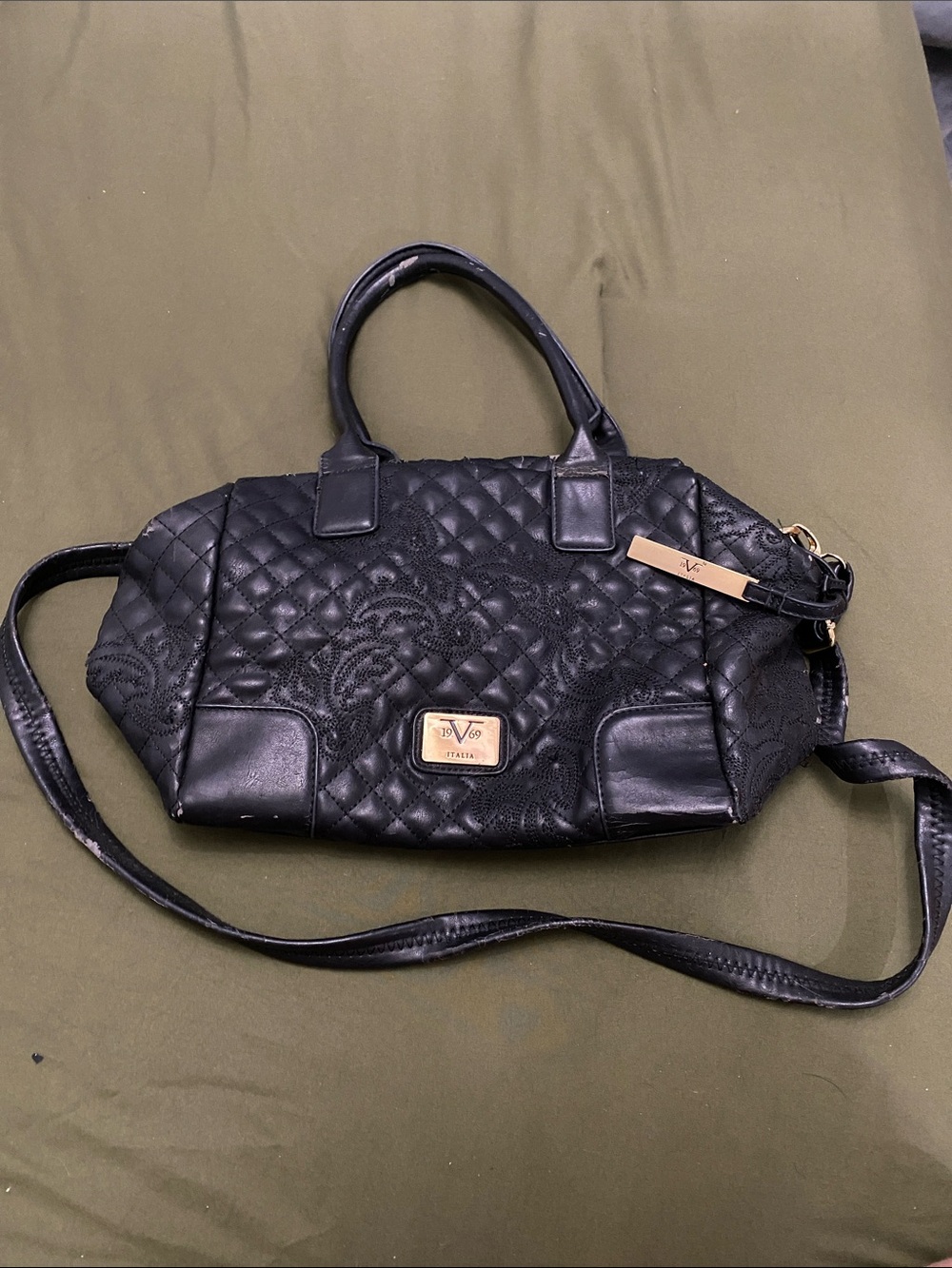 Versace Collection Black Quilted Satchel with Gold Hardware